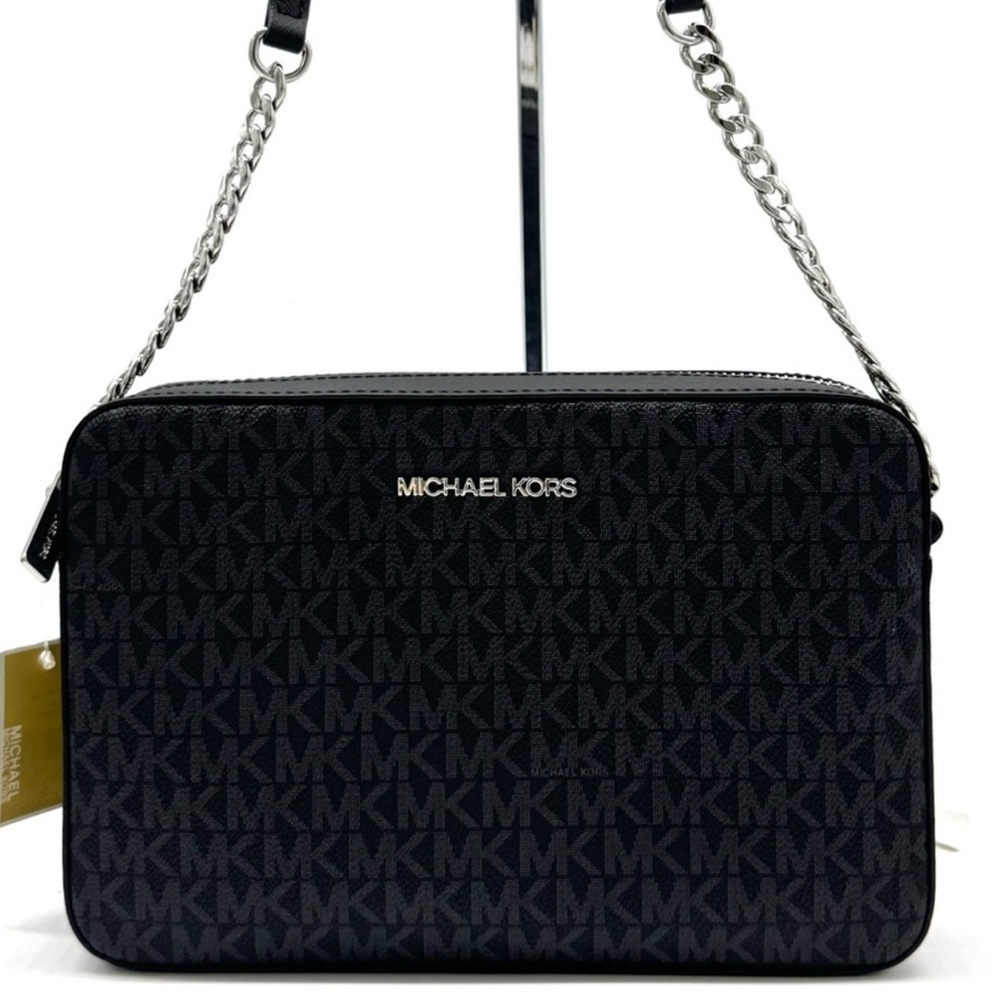 Michael Kors Large Jet Set Travel Signature Logo Crossbody Bag Black/Silver